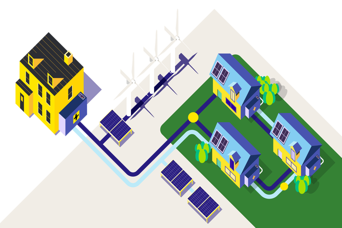 Illustration, die erneuerbare Energiequellen zeigt, die mit Wohnhäusern verbunden sind. Windkraftanlagen und Solarpanels sind prominent dargestellt und betonen nachhaltige Energielösungen. Die lebendige Farbpalette aus Gelb, Blau und Grün sorgt für eine klare, moderne Ästhetik.
