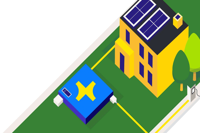 Illustration eines Hauses mit Solaranlage und angeschlossenem Energiespeicher