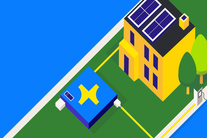Illustration eines Hauses mit Solarpanelen und einer Verbindung zu einem Energiespeicher