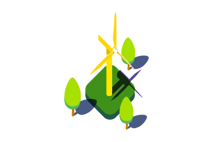 Illustration eines gelben Windrads mit Bäumen, das für Ökostrom aus Österreich steht
