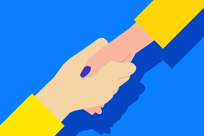 Zwei Menschen geben sich die Hand, umgeben von einem blauen Hintergrund.