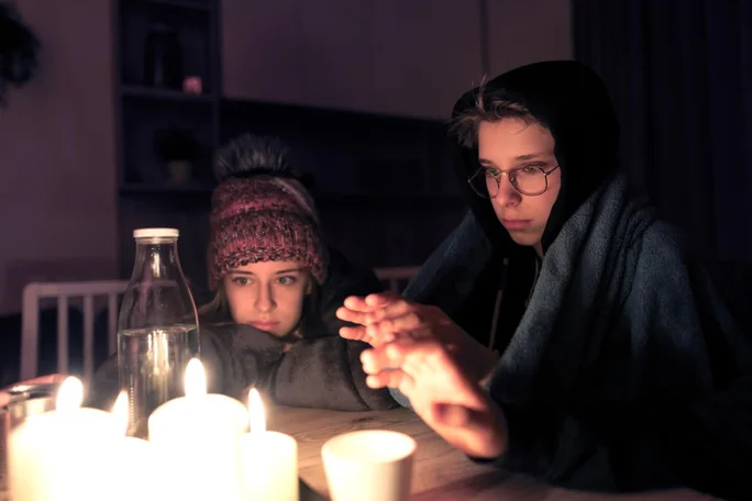 Zwei Personen genießen einen warmen und gemütlichen Abend bei Kerzenschein, eingehüllt in Decken und Mützen, wodurch eine ruhige und intime Atmosphäre entsteht.