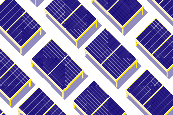 Mehrere Solarpanels in einer symmetrischen Anordnung, die nachhaltige Energie symbolisieren