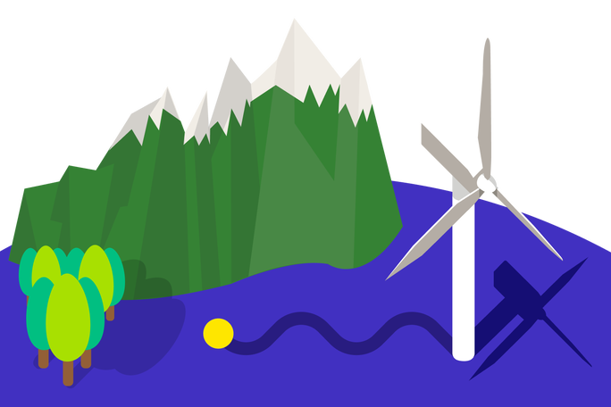Illustration einer Windkraftanlage umgeben von Bergen und Bäumen, die nachhaltige Energiequellen symbolisiert
