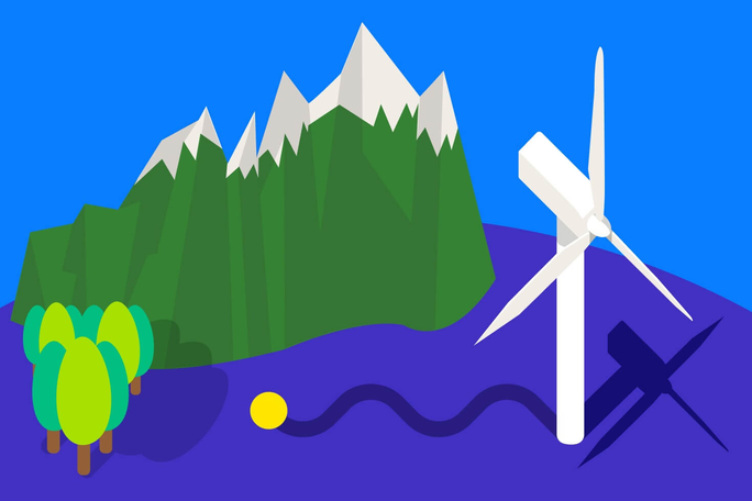 Grafische Darstellung einer Windkraftanlage in einer natürlichen Berglandschaft. Nachhaltige Energie aus Windkraft in Österreich. Stromherkunft Strom von Auri. 