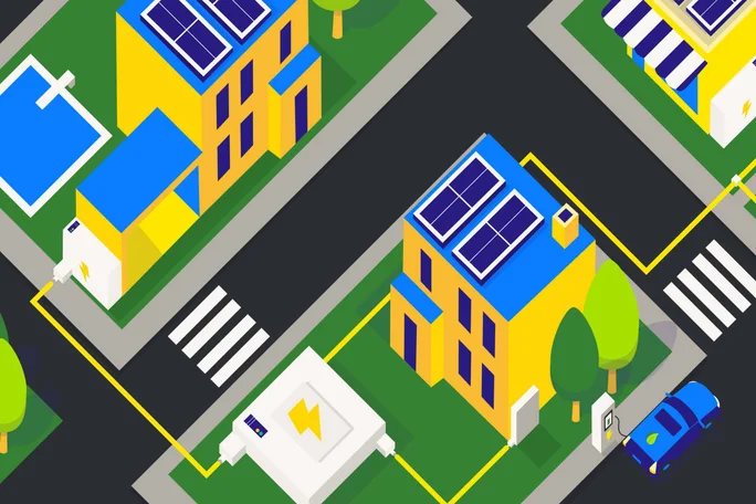 Isometrische Ansicht einer Stadt mit Solarpanelen auf den Dächern, die gemeinschaftliche Nachhaltigkeit symbolisiert.